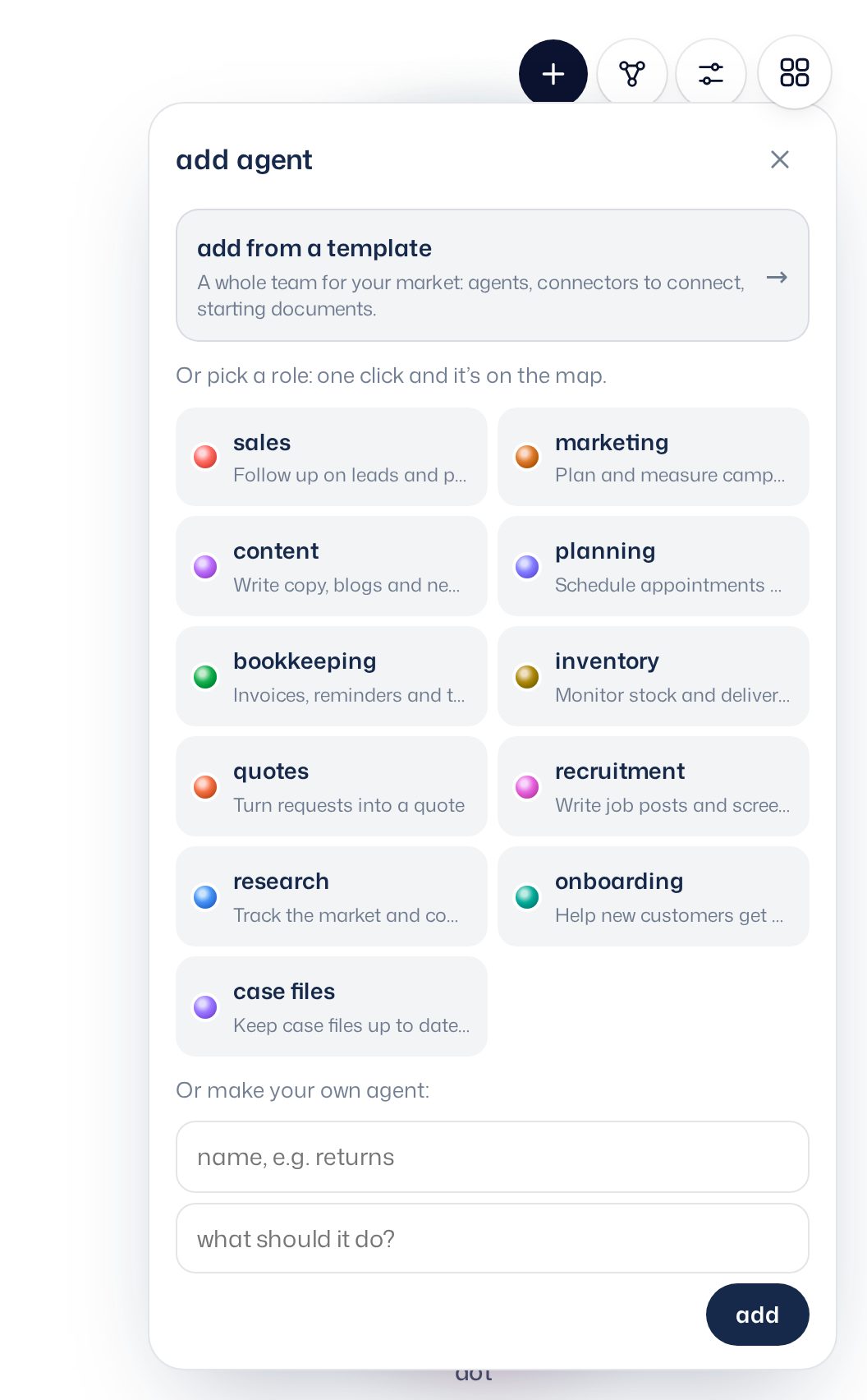 The add agent panel in the tool: pick one of the roles, each with its own colored dot, or make your own agent with a name and a task.