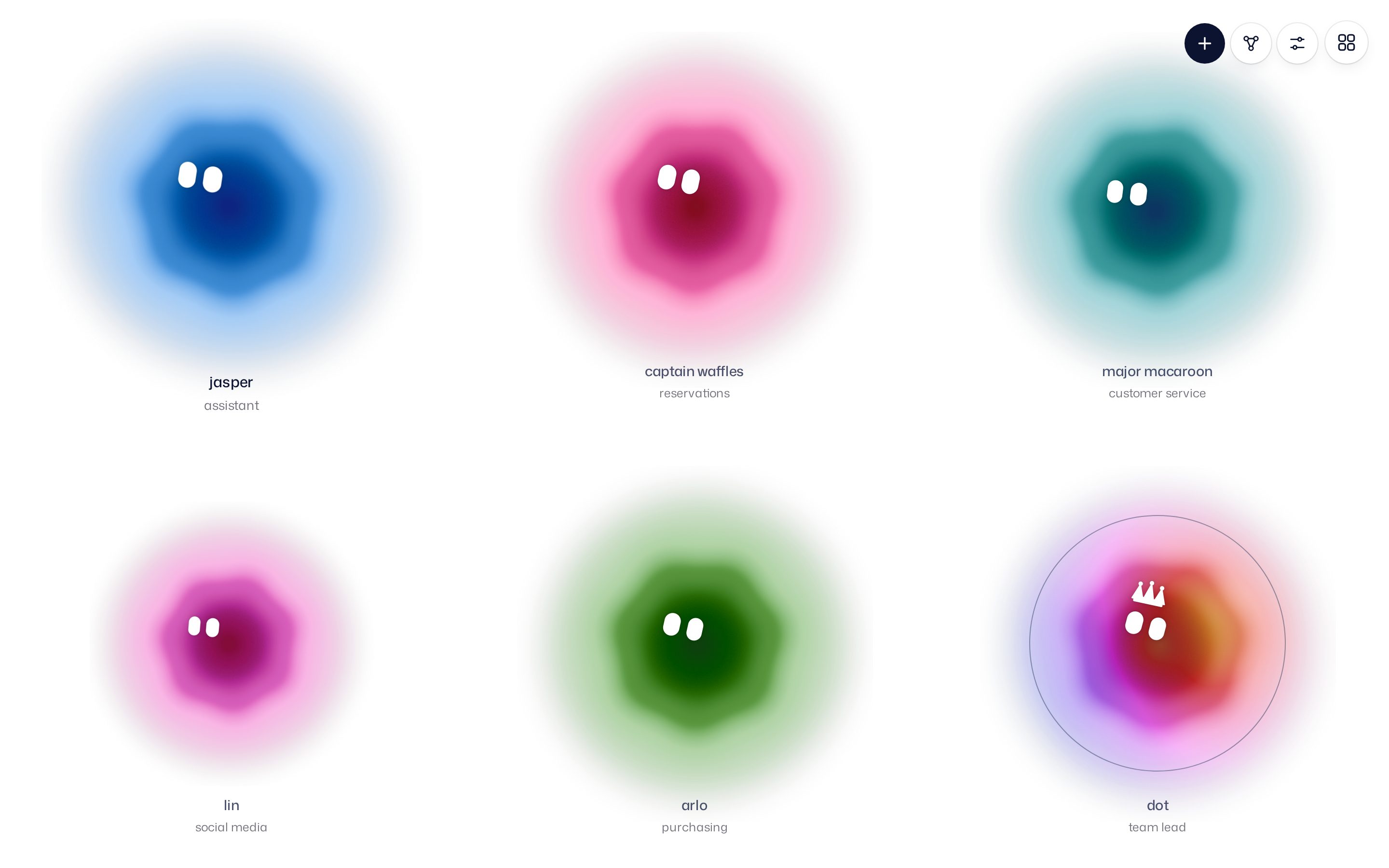 The agent map with six glowing characters, each with its own name above its job: assistant, reservations, customer service, social media, purchasing and the team lead with a small crown, with the map's buttons top right.