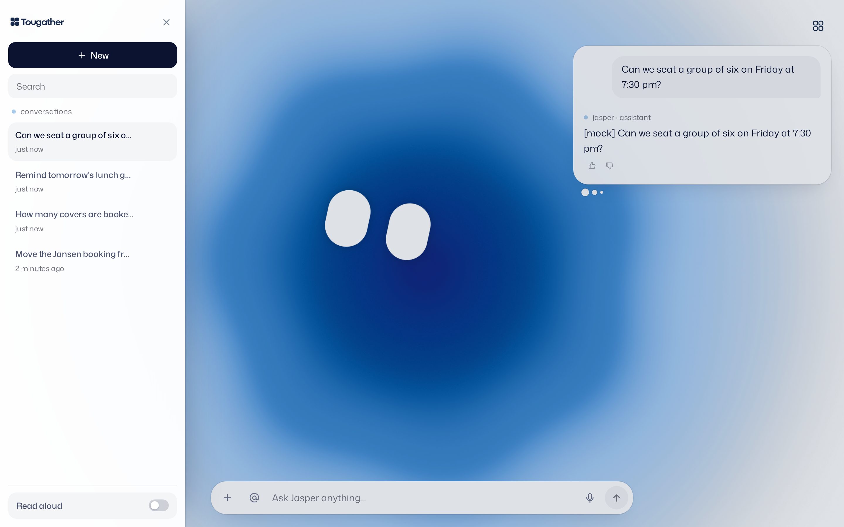 The conversations drawer: the logo, New, Search, four conversations and the Read aloud switch.