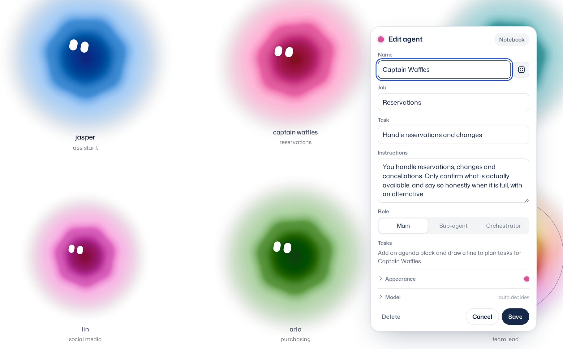 The edit agent form next to the pink reservations character: name, job, task, instructions, role (main, sub-agent or orchestrator), tasks, appearance and model, with delete, cancel and save.