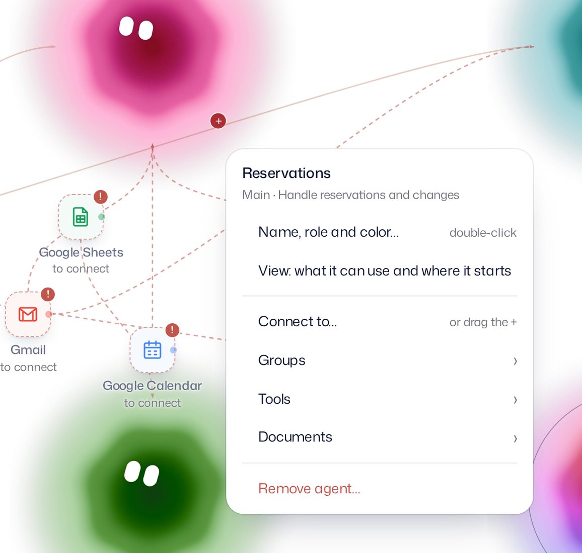 Right-click menu on reservations: name, role and color; view what it can use and where it starts; connect to; groups, tools and documents; remove agent.