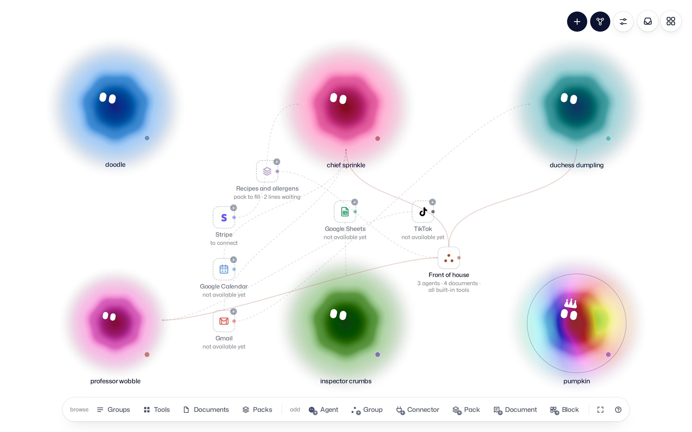 The infrastructure map: the group Front of house is linked to three agents, with the template's connectors and the toolbar for groups, tools, documents, packs, connectors and blocks along the bottom.