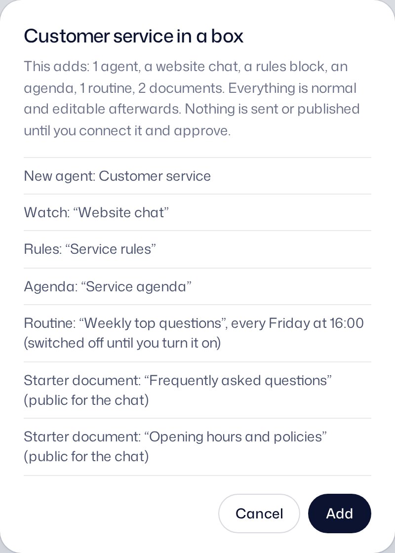 The preview of Customer service in a box: what it adds to your map, with Cancel and Add.