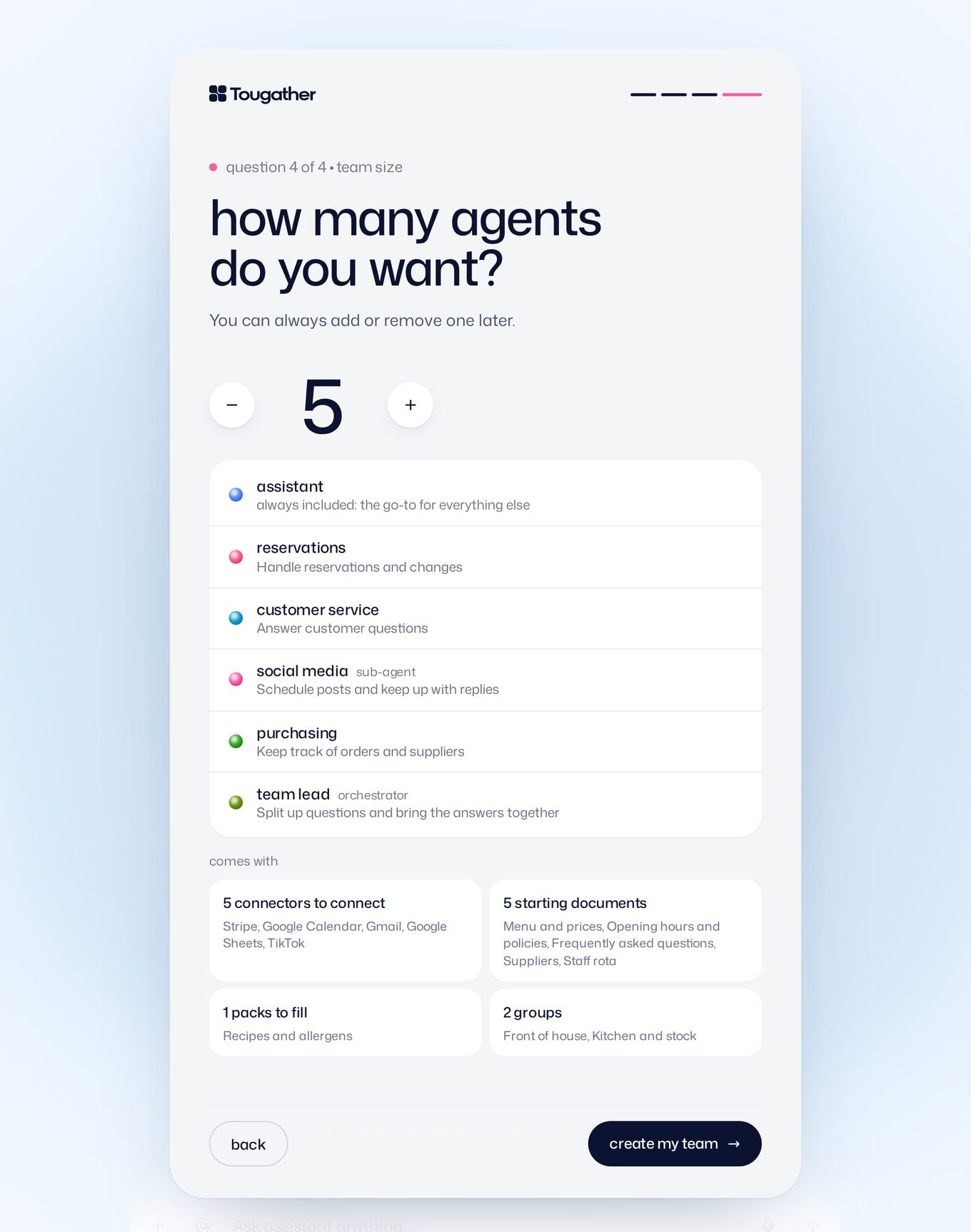 Step 'how many agents do you want?' with the stepper at 5: the assistant, always included, plus reservations, customer service, social media (sub-agent), purchasing and a team lead (orchestrator). Below it, what the template comes with: 5 connectors to connect, 5 starting documents, 1 pack to fill and 2 groups.