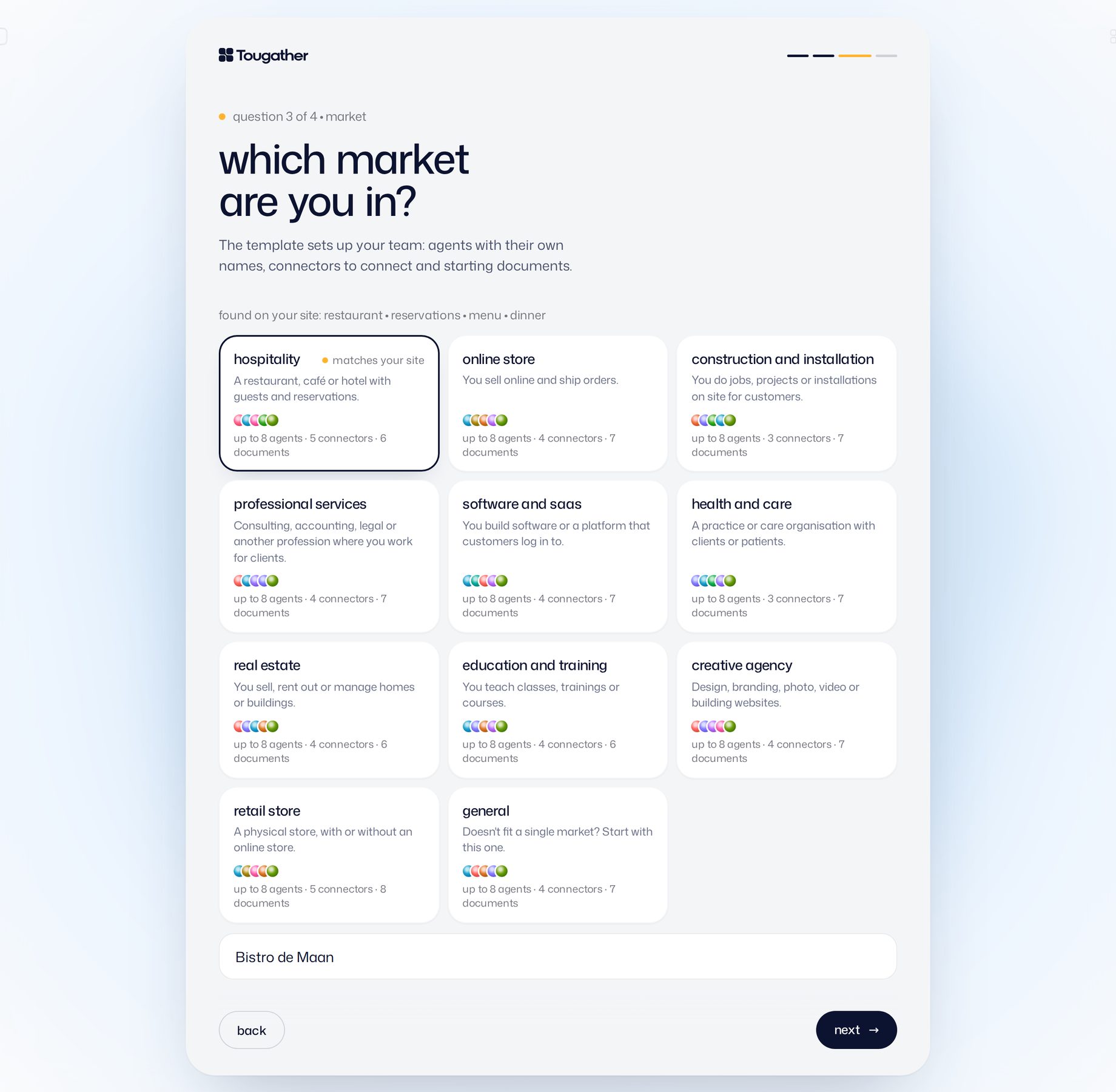 The onboarding question 'which market are you in?' with the market templates to pick from. Hospitality is marked 'matches your site' and the company name reads Bistro de Maan.