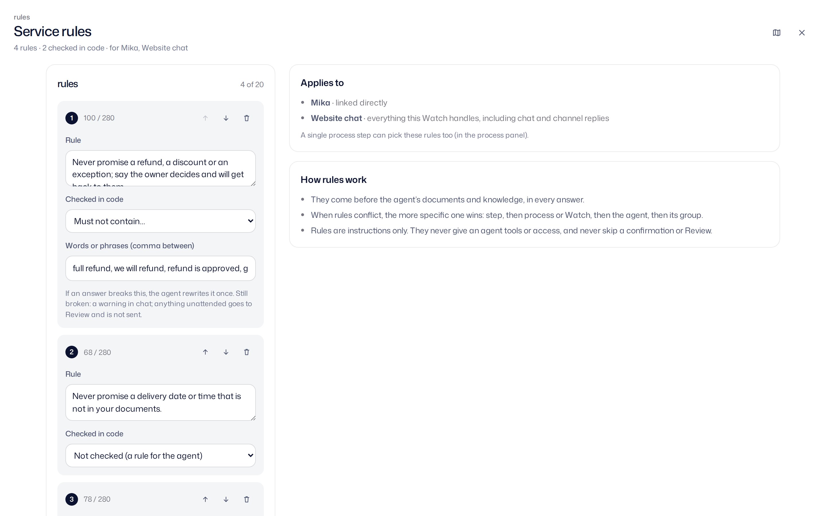 The Service rules panel: four rules, two checked in code, the first one never to promise a refund with the check must not contain full refund; on the right who the rules apply to and how rules work.