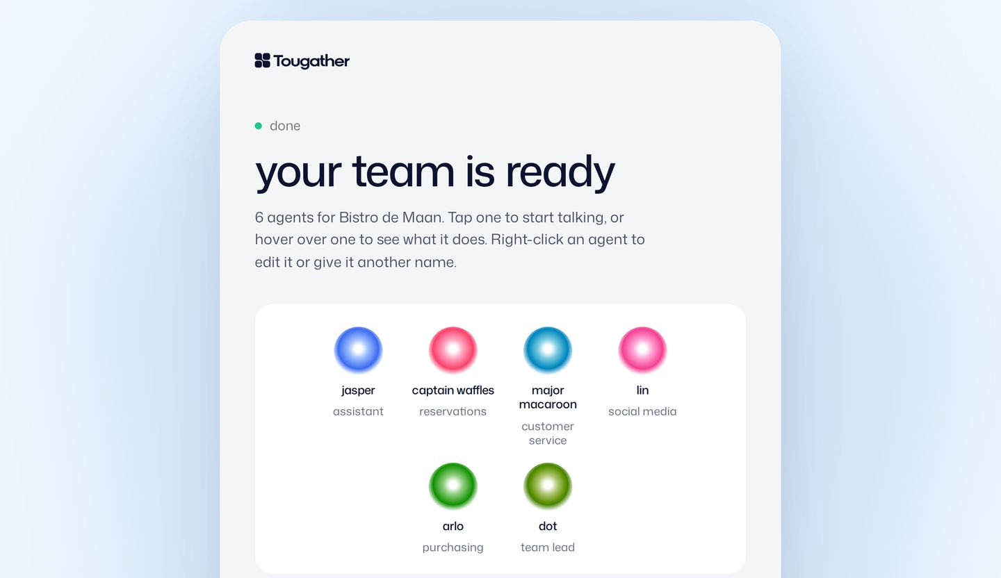 The screen 'your team is ready': the agents for Bistro de Maan, each in its own color.